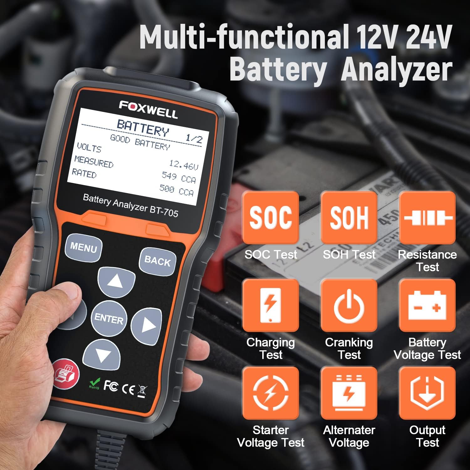 FOXWELL NT650 Elite ABS SRS Bidireccional OBD2 escáner con FOXWELL BT705 12V 24V probador de batería de coche automotriz