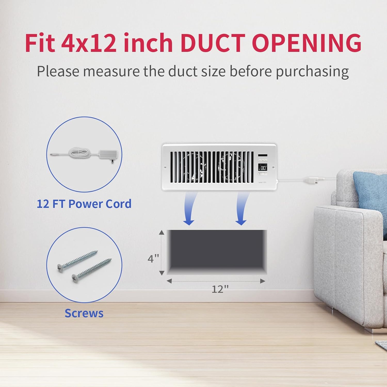 COZZIVITA Ventilador de refuerzo de registro ultra silencioso de 4 x 12 pulgadas, con termostato inteligente para calentar y enfriar rápidamente,