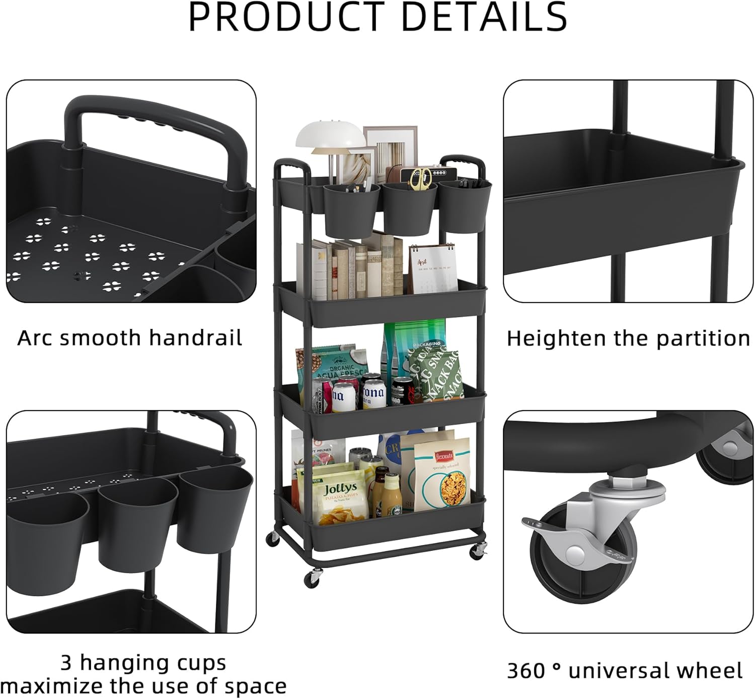 JIUYOTREE Carrito de almacenamiento de plástico de 4 niveles con asas de tazas colgantes adicionales, ruedas bloqueables para sala de estar, baño,