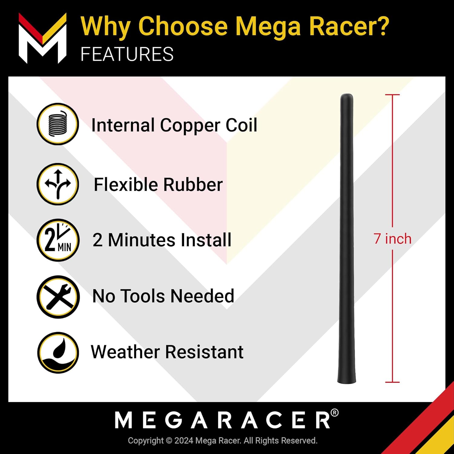 Mega Racer Antena de motocicleta negra de 7 pulgadas para Harley Davidson todos los modelos 1989-2023, antena de flexión flexible, repuesto