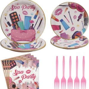 Juego de 96 platos de fiesta de cumpleaños de spa, servilletas, tenedores, juego de vajilla temática de spa para niños y niñas, suministros de Juego de 96 platos de fiesta de cumpleaños de spa, servilletas, tenedores, juego de vajilla temática de spa para niños y niñas, suministros de
