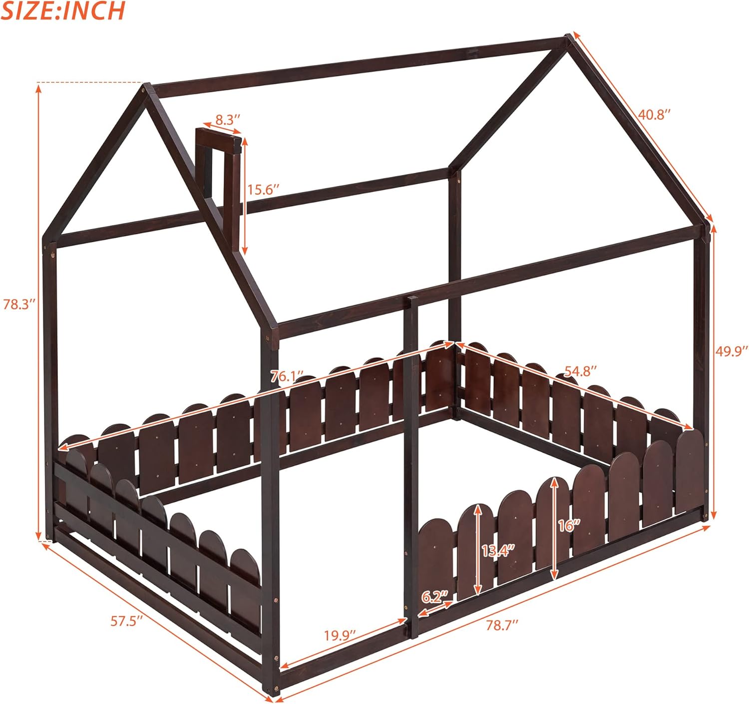 Montessori – Base de cama de tamaño matrimonialcasa, cama de piso para niños, cama de piso Montessori con valla, puerta y chimenea, color espresso