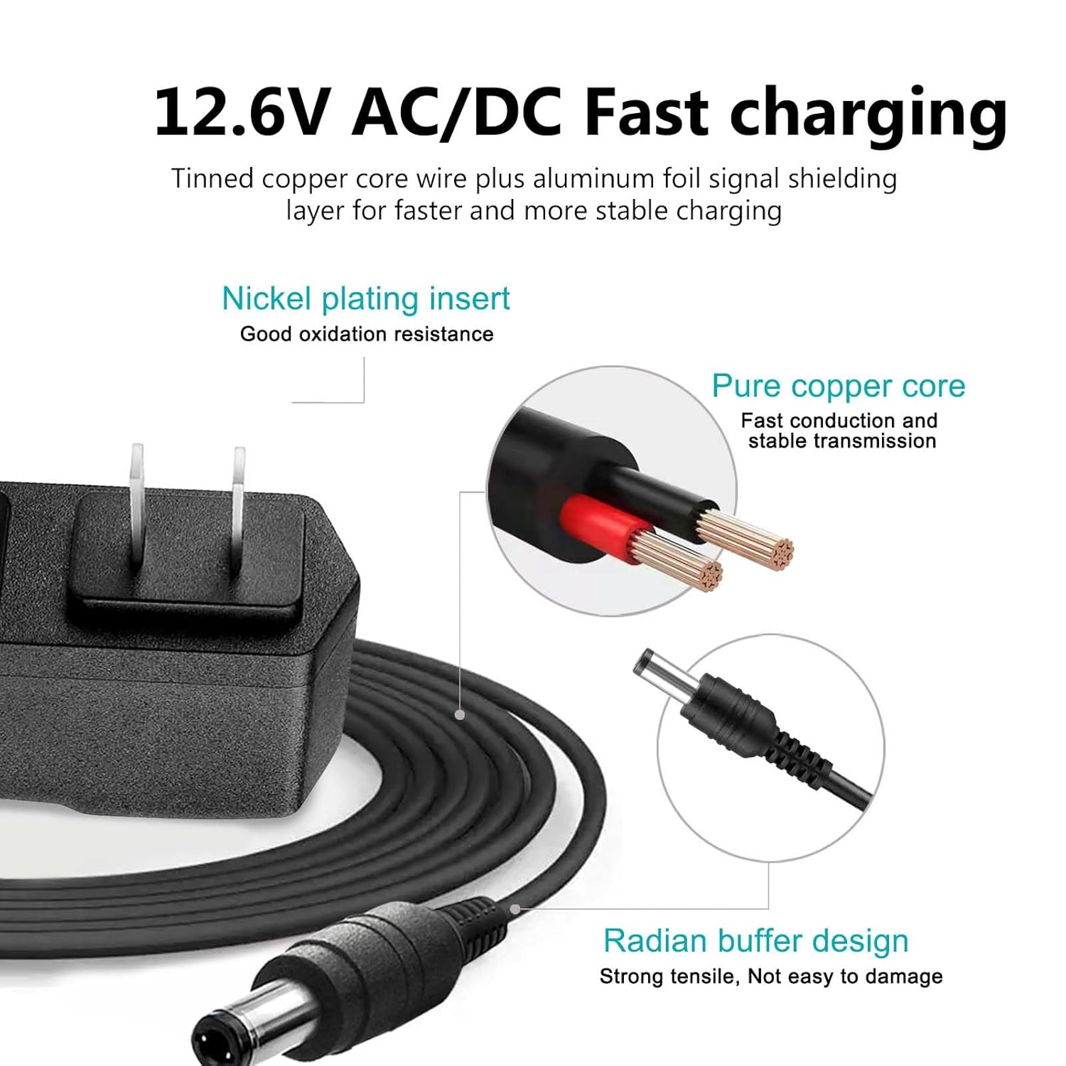 Adaptador de fuente de alimentación de CA de 12.6 V de repuesto para TYIAUS, Cholas KZD02, OLsky, FENTASY, HeaDot, JamGym, ZonGym, cable cargador de