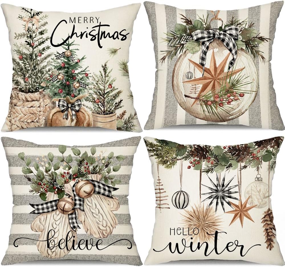 DFXSZ Juego de 4 fundas de almohada de Navidad de 20 x 20 pulgadas, guantes de árbol de Navidad, fundas decorativas de invierno a rayas, decoración