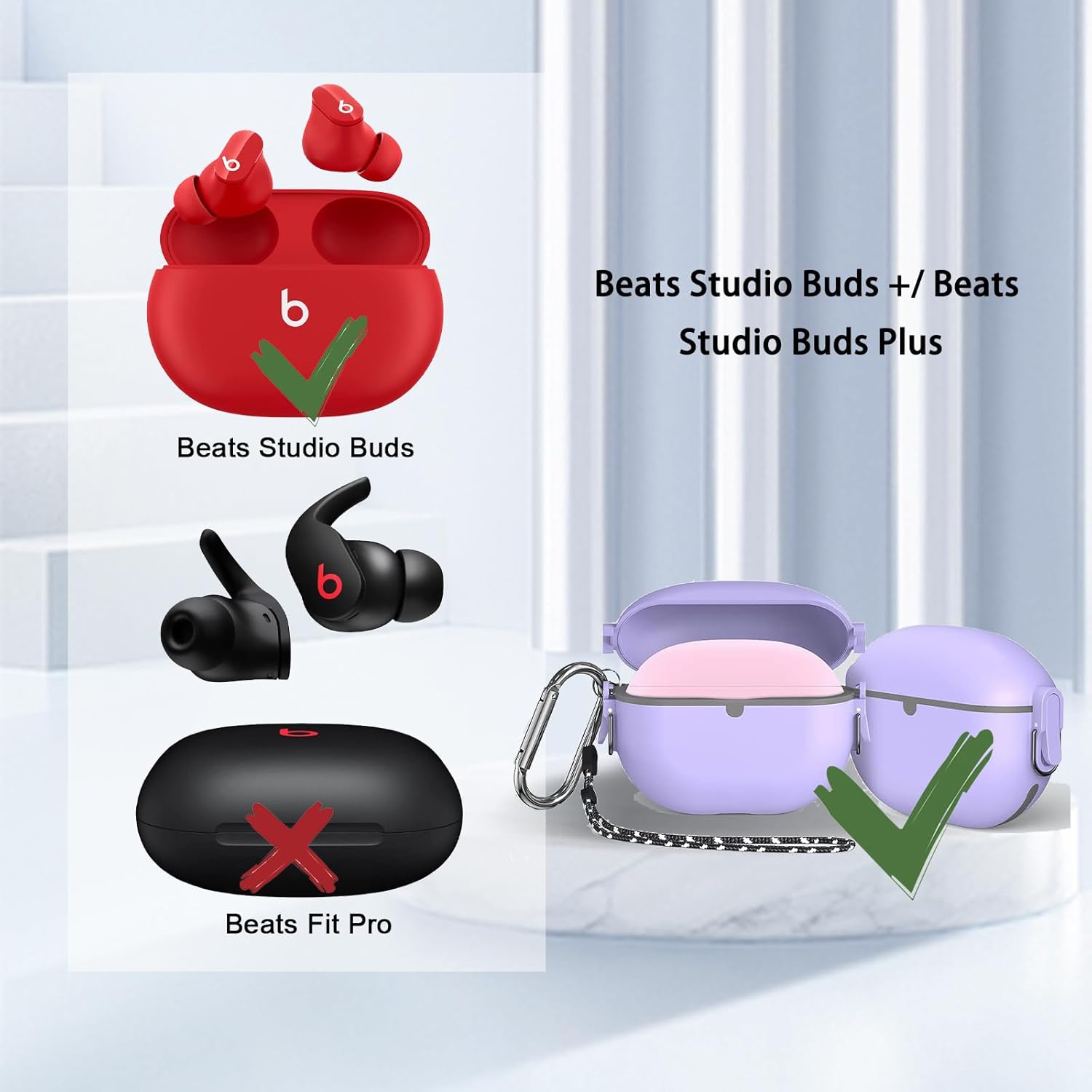 Miimall Compatible con Beats Studio Buds + funda, bloqueo seguro llavero antipérdida LED frontal visible Funda protectora militar de TPU resistente