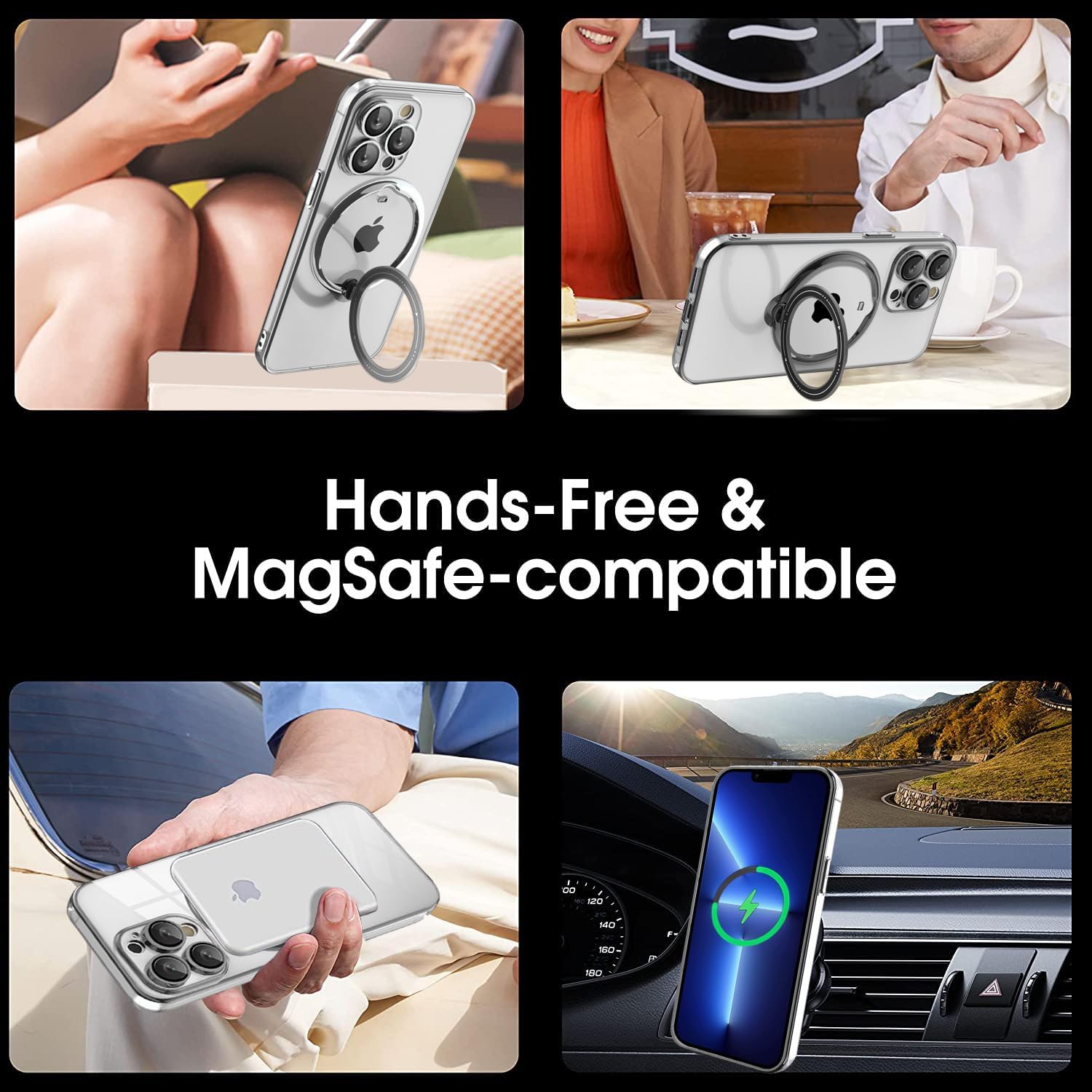 Funda para iPhone 12 Pro compatible con MagSafe soporte de anillo giratorio de 360 con soporte invisible, funda protectora delgada transparente a