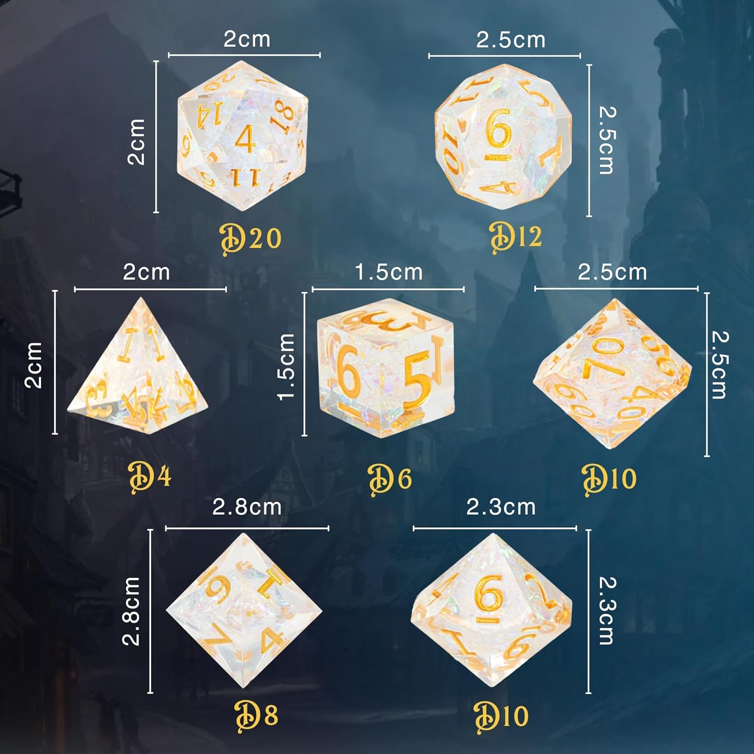 Dice Goblin Anonymous DND – Juego de 7 dados poliédricos de resina de borde afilado para Calabozos y Dragones con bolsa de dados  bandeja y