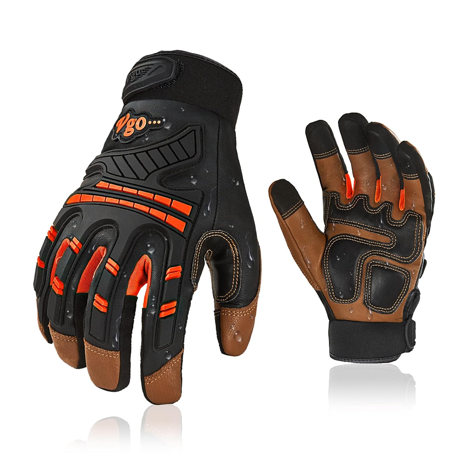 Vgo… Guantes de trabajo resistentes para hombre, piel de cabra, repelente al agua, guantes de rigger, antivibración, pantalla táctil (2 pares, M,