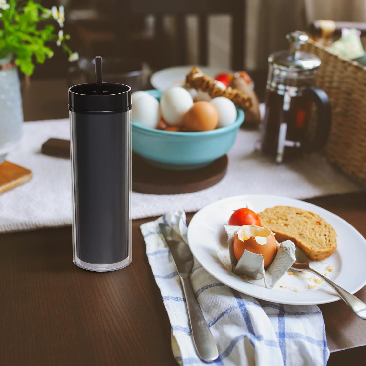 Volhoply Vaso de 20 onzas con tapa y pajita, paquete de 8 vasos delgados de plástico transparente de doble pared a granel, taza de café de viaje