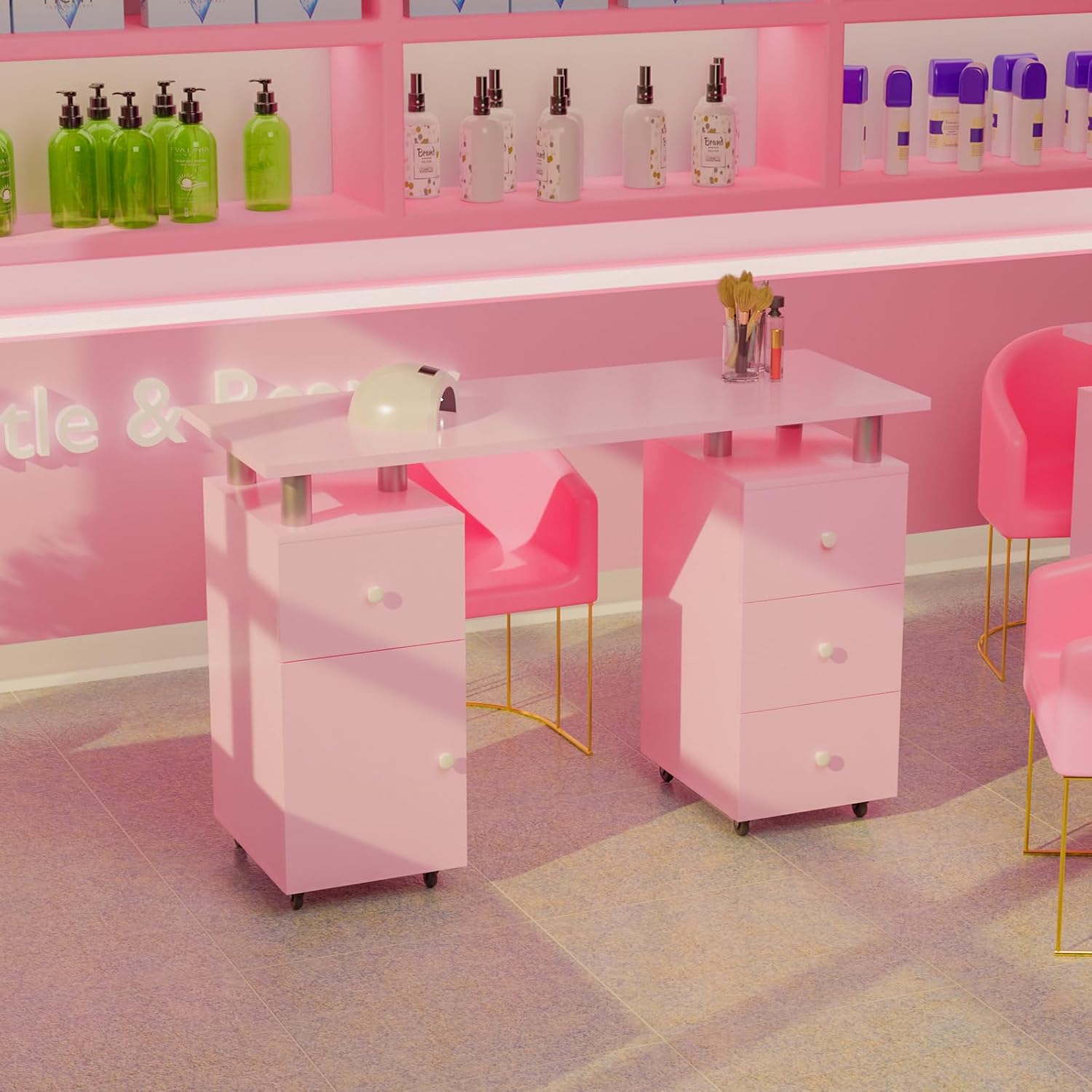 Escritorio de manicura para Nail Tech, mesa de uñas de 47 pulgadas con cajonesalmohadilla de muñecaruedas bloqueables, estación de arte de uñas