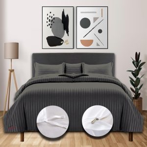 Juego de funda de edredón de algodón egipcio de lujo, tamaño Super King Plus de 120 x 120 pulgadas, a rayas, color gris oscuro, con cierre de Juego de funda de edredón de algodón egipcio de lujo, tamaño Super King Plus de 120 x 120 pulgadas, a rayas, color gris oscuro, con cierre de