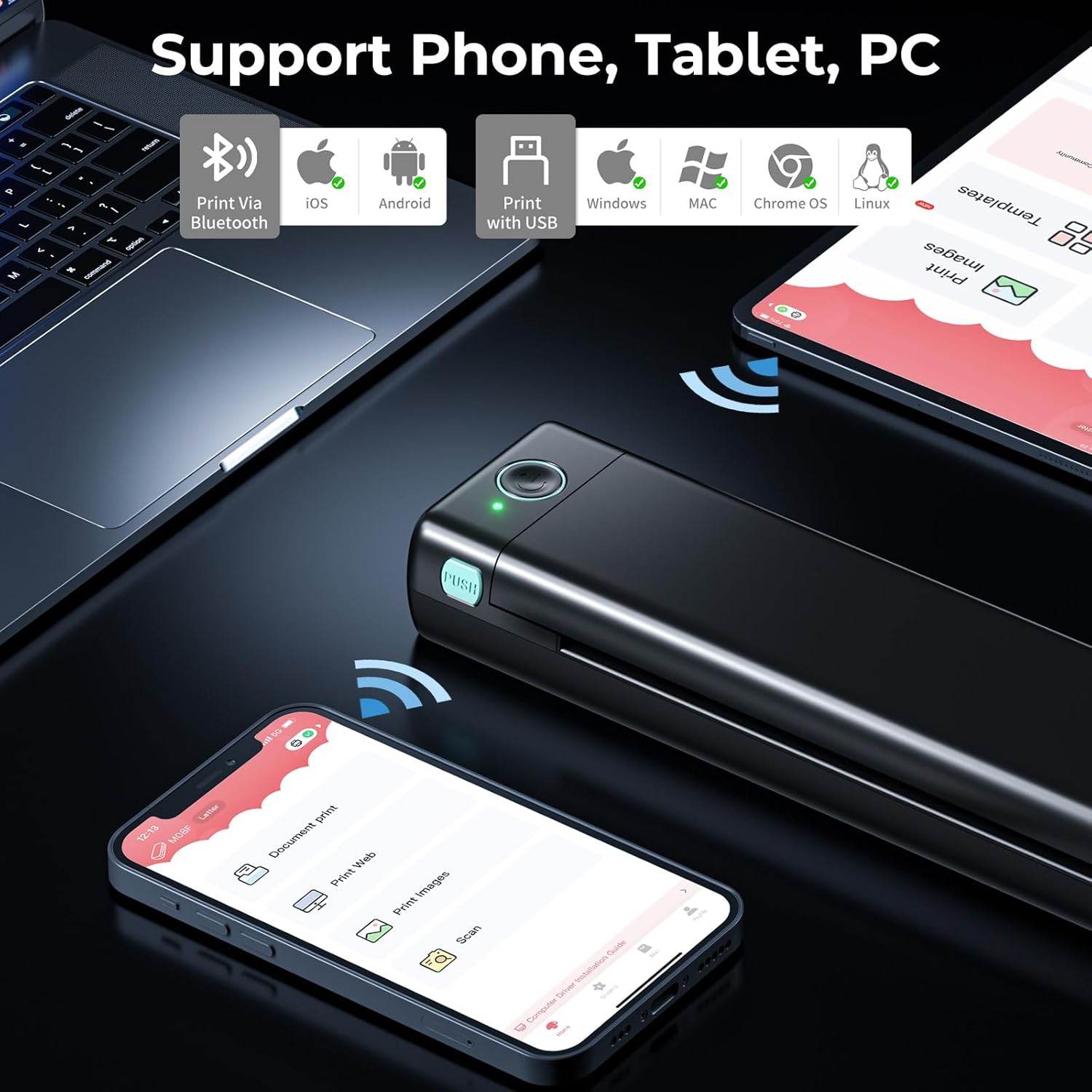 Itari Impresora térmica inalámbrica portátil Bluetooth M08F negra con 1 estuche, impresora de transferencia térmica sin tinta P831