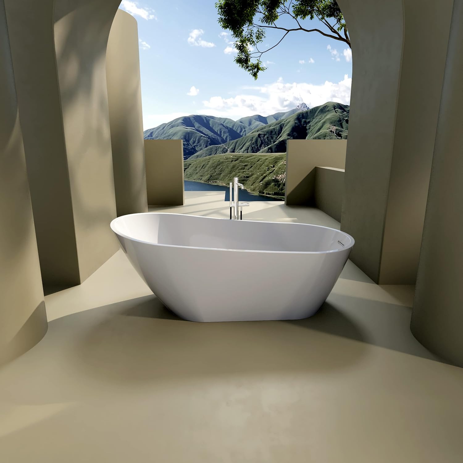 OMGO – Bañera independiente de acrílico de 67 pulgadas, bañera contemporánea con desbordamiento cromado y manguera de drenaje proporciona, patas