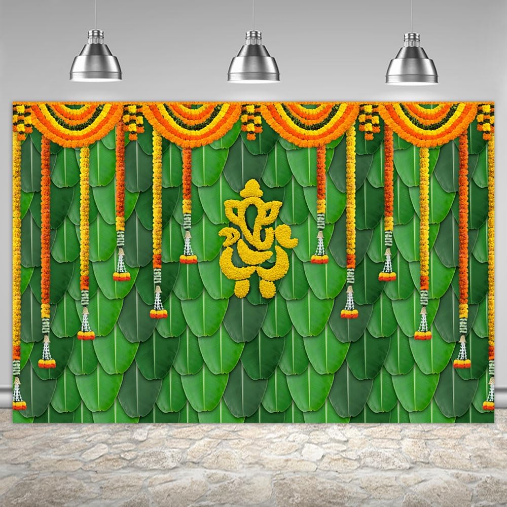 Ticuenicoa Fondo de fotografía tradicional India Pooja de 6 x 4 pies, diseño de hojas de plátano, fondo verde Chatiya Ganesh, caléndula Puja
