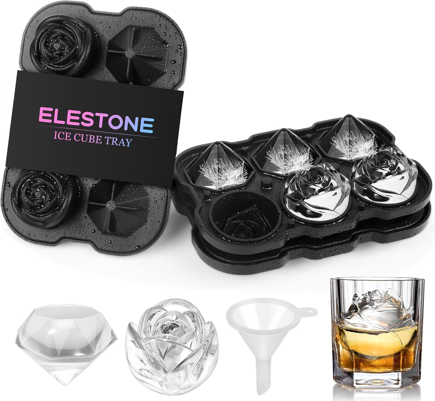 ELESTONE Bandejas grandes para cubitos de hielo, paquete de 2, bandejas para cubitos de hielo para congelador, moldes de diamantes y rosas fáciles
