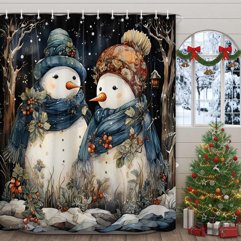 Xiaoput Cortina de ducha con diseño de muñeco de nieve de invierno para baño, muñeco de nieve de Navidad en bosque nevado, impermeable, accesorios