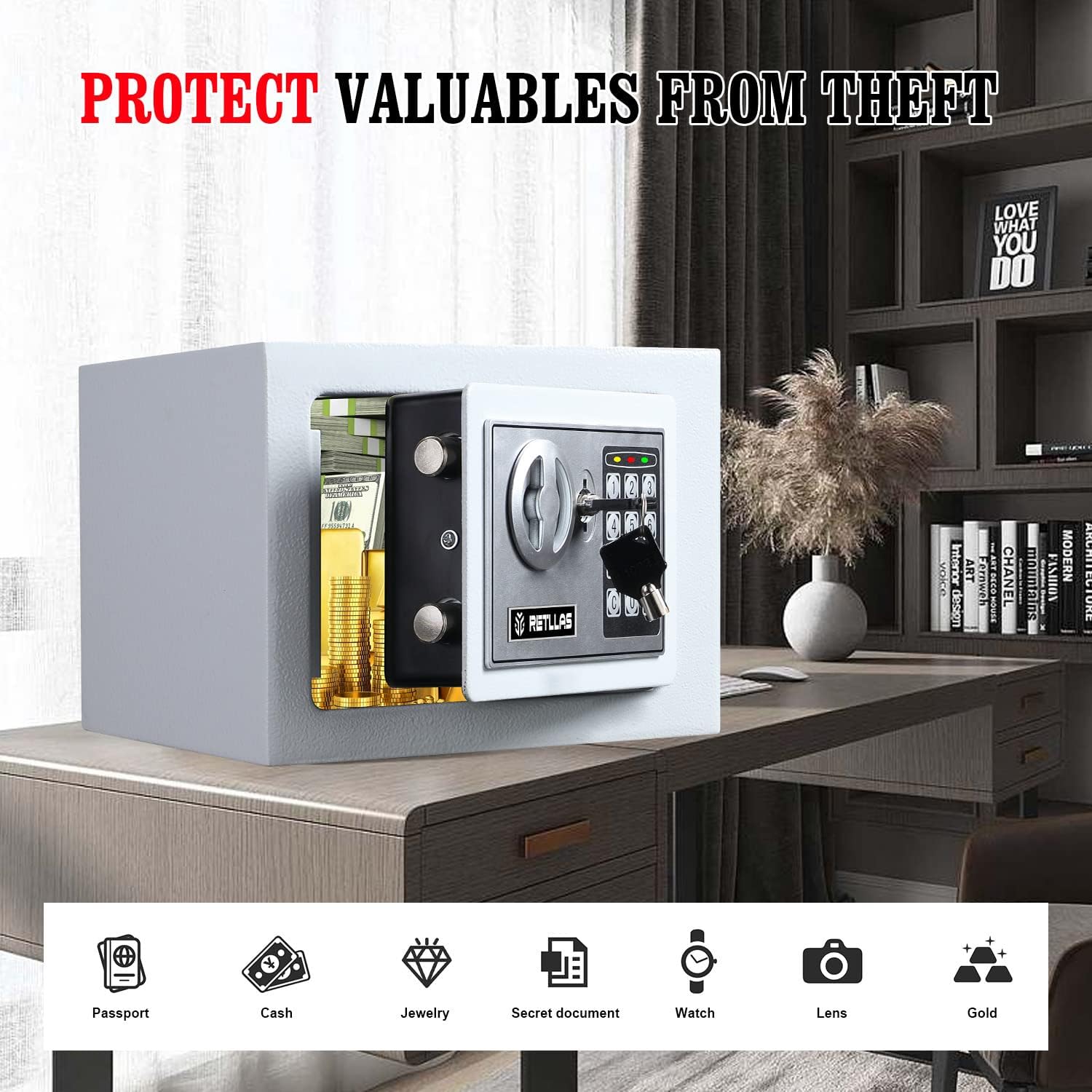 RETLLAS Caja de seguridad blanca de 0.23 pies cúbicos electrónica digital mini gabinete cajas fuertes de acero de aleación sólida para oficina,