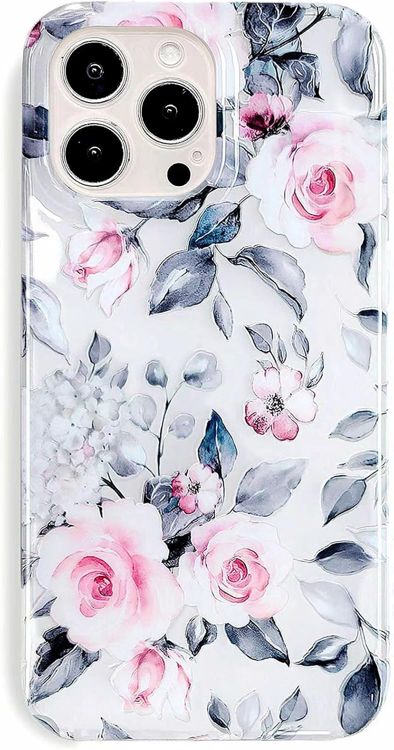 J.west Funda para iPhone 13 Pro Max 6.7, suave a prueba de golpes, linda funda protectora de teléfono floral rosa para mujer, diseño retro