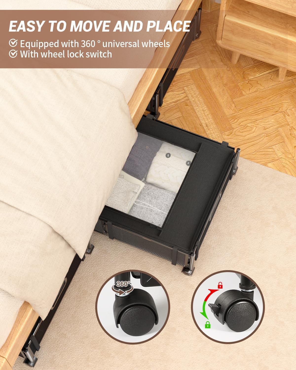 Almacenamiento debajo de la cama con ruedas, cajón de almacenamiento plegable debajo de la cama con tapa y cremallera, contenedor de metal rodante