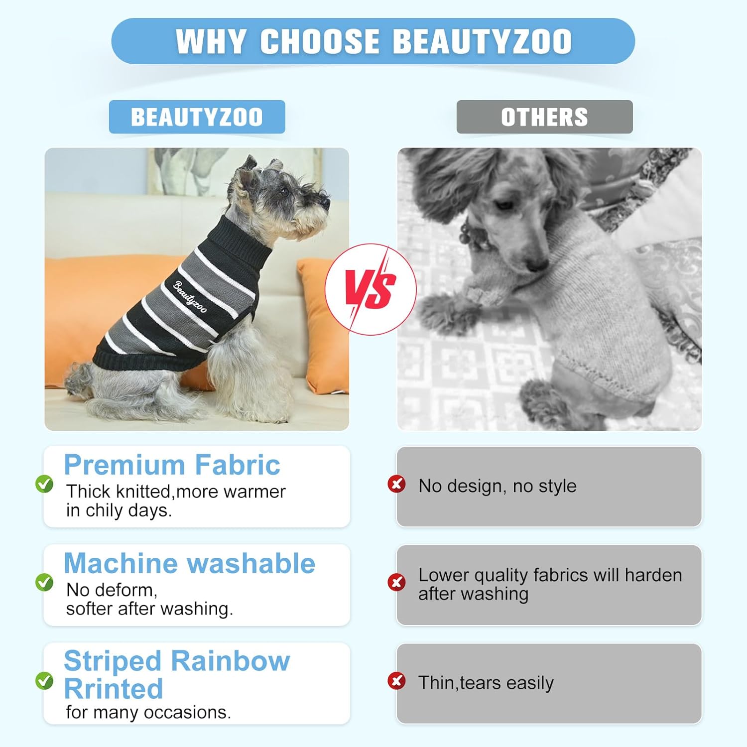 BEAUTYZOO Suéter para perros pequeños, suéteres a rayas para mascotas, ropa de perro de otoño e invierno, suéter de punto de cuello alto para perros