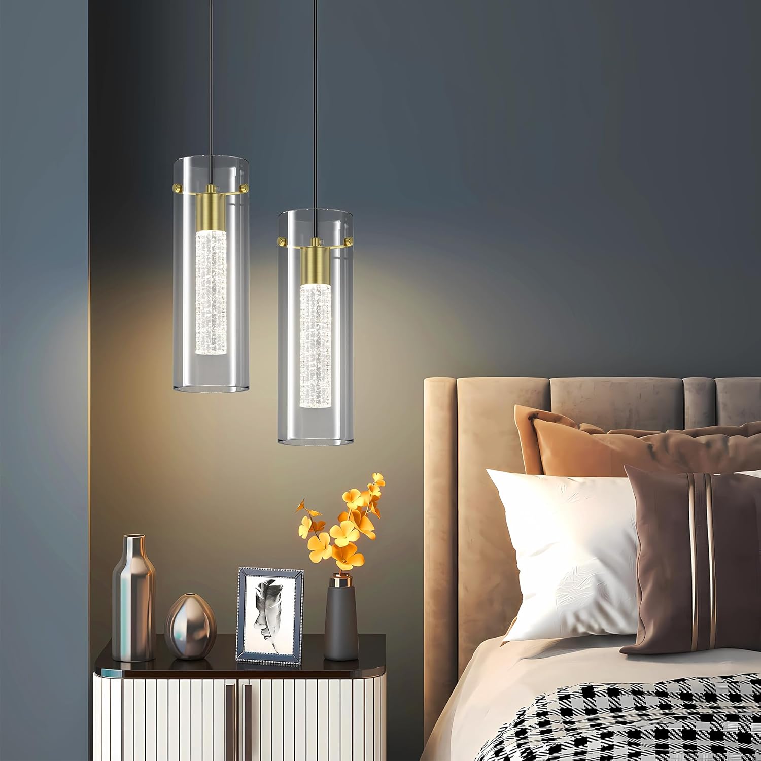 Aipsun Luces colgantes para isla de cocina, paquete de 3 lámparas colgantes de techo doradas de 3000 K modernas luces colgantes LED para cocina,