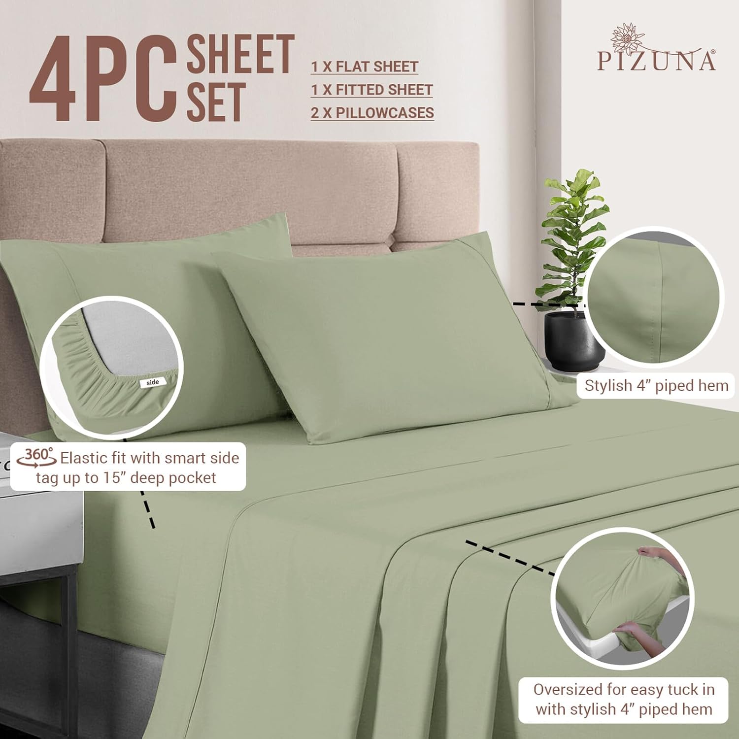 Pizuna – Ropa de cama de 100% tejido de satén de algodón de fibra larga de 400 hilos (juegos de sábanas, juego de funda).