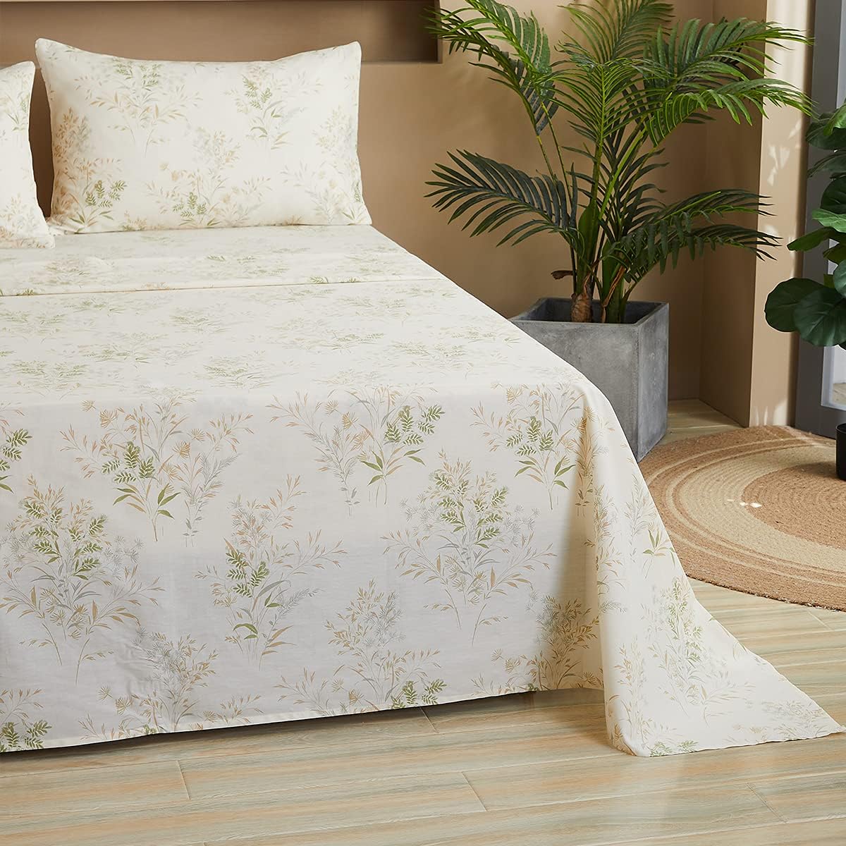 FADFAY Juego de sábanas tamaño California King, juego de sábanas de hojas florales, 100% algodón de 600 hilos, ropa de cama de flores verdes y