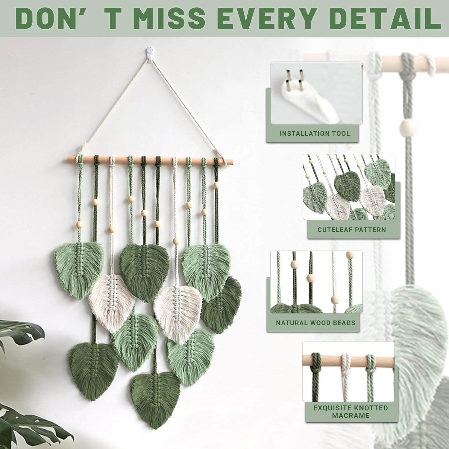 Tapiz de hojas bohemio para colgar en la pared, tapiz para colgar en la pared, hilo tejido de plumas hechas a mano, tapiz bohemio, decoración de