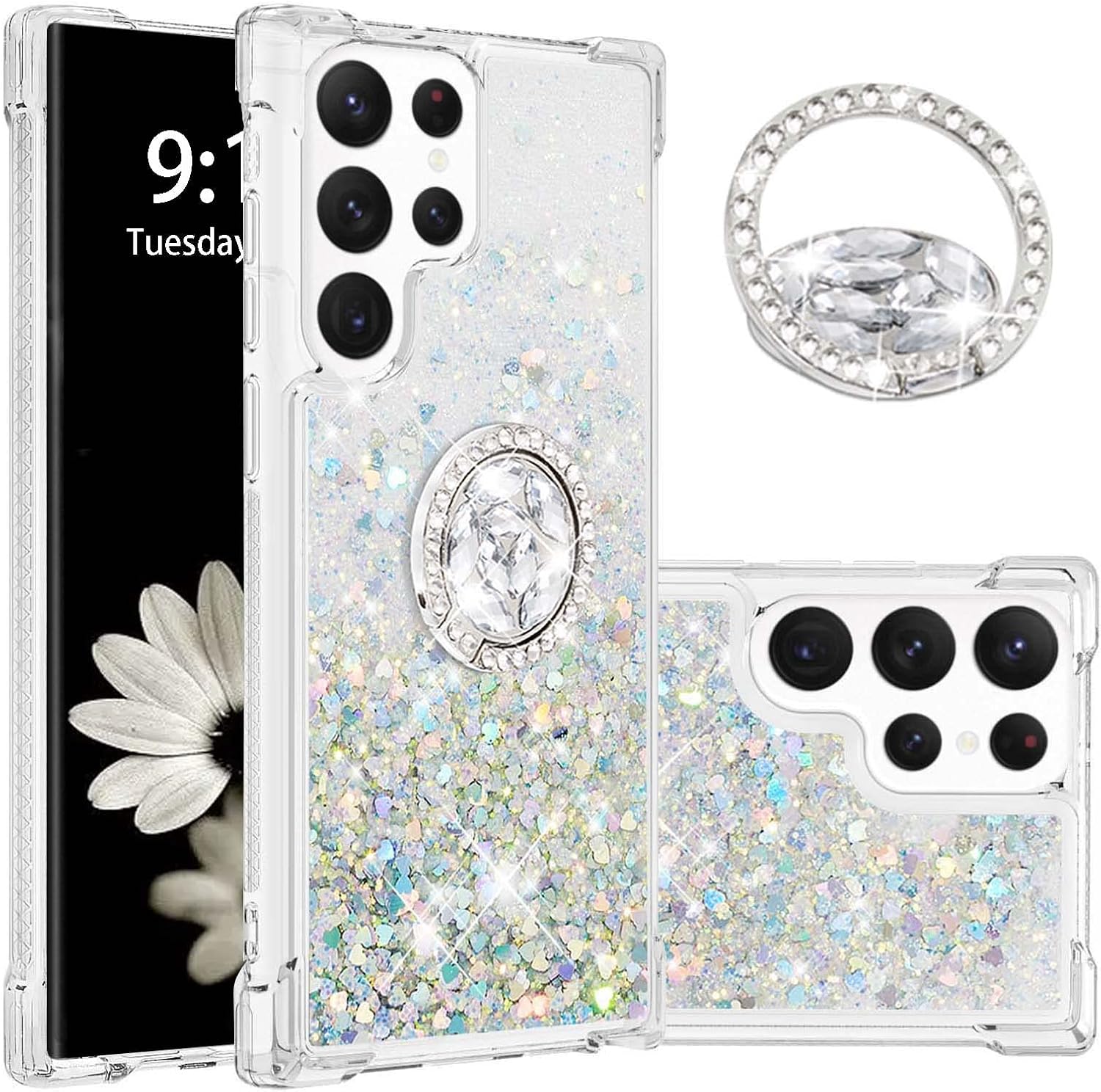 Tncavo Funda para Samsung Galaxy S23 Ultra para mujer, fundas con purpurina holográfica líquida en movimiento con anillo de diamante, TPU suave y