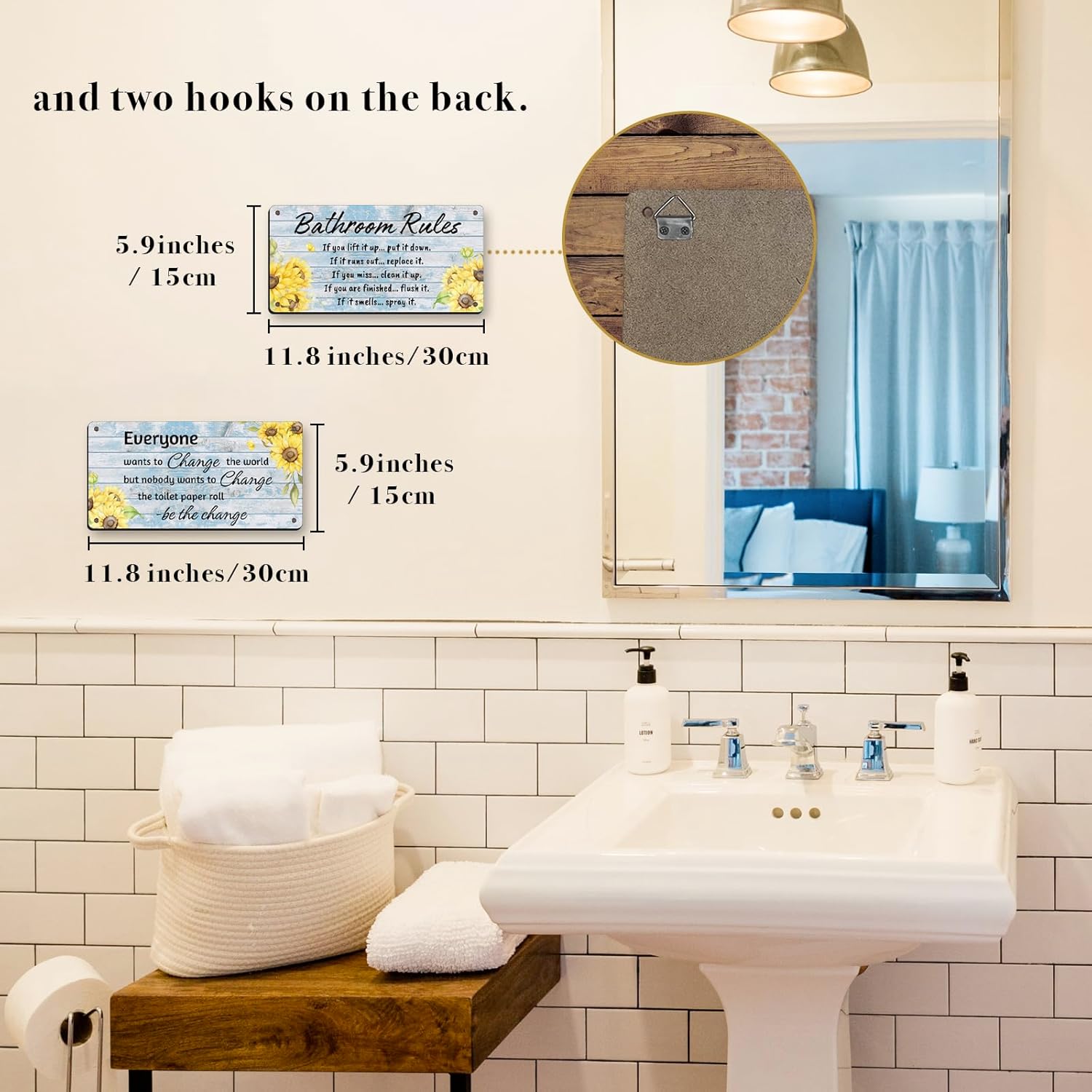 2 piezas de reglas de baño, decoración de pared divertidos de girasol, decoración de baño, decoración de playa, granja, decoración de baño de madera