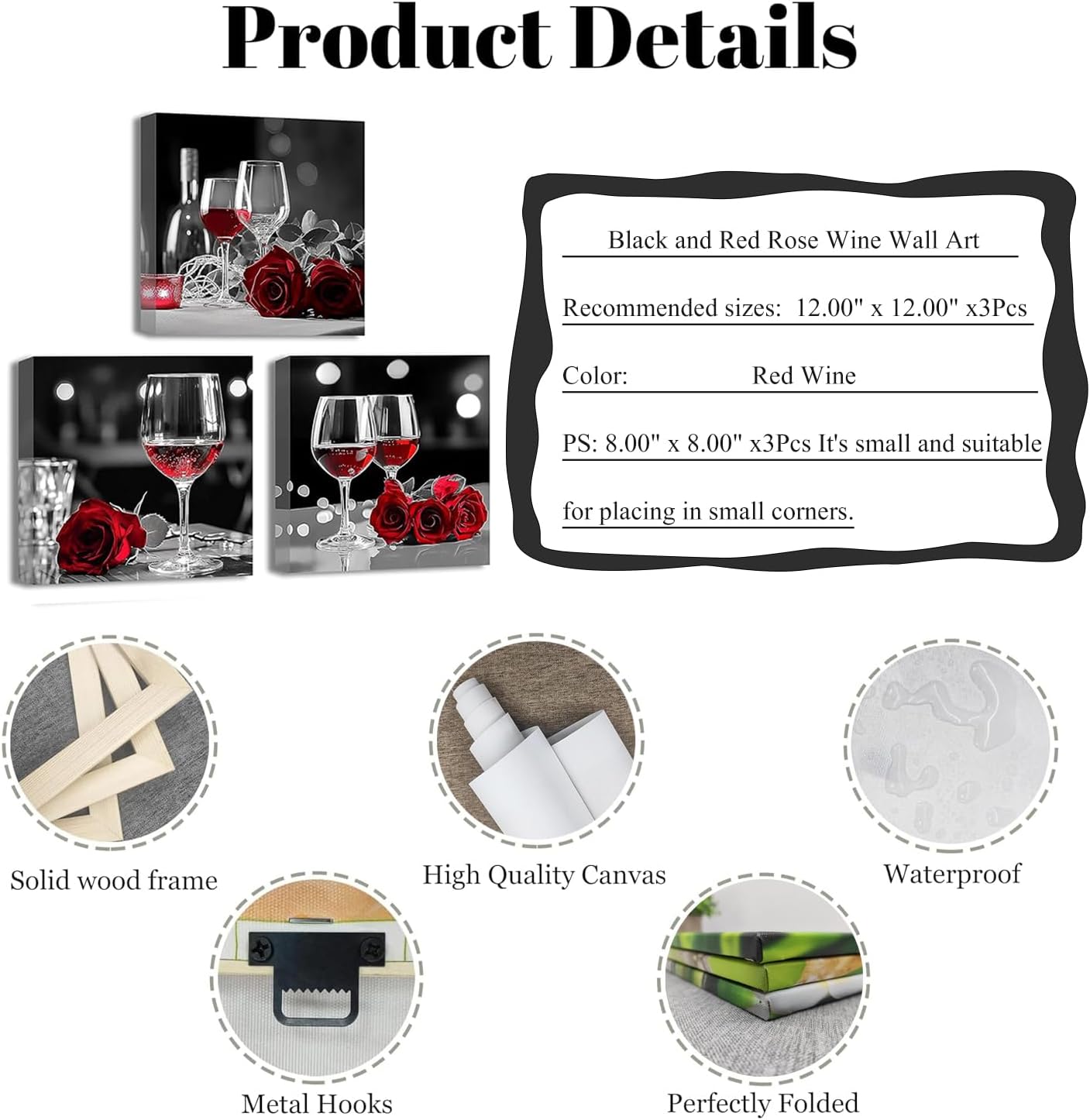 QIXIANG Lienzo de pared con rosas de vino tinto para decoración de cocina, 3 piezas de impresiones de imagen en blanco y negro para decoración de