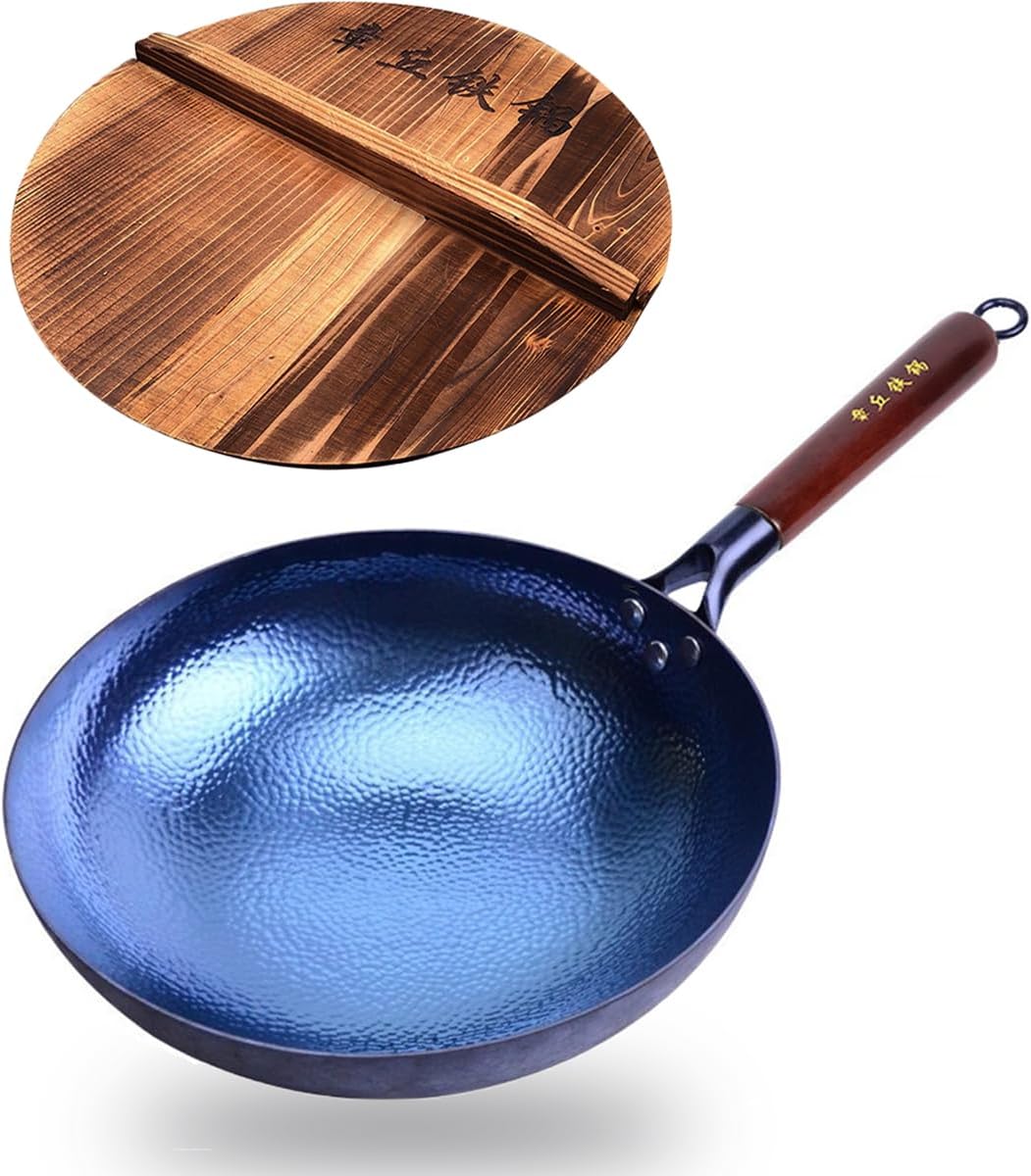 TKRADISH Wok de hierro fundido de 14 pulgadas, woks chinos de hierro martillado a mano con mango de madera y tapa, sartenes grandes antiadherentes,