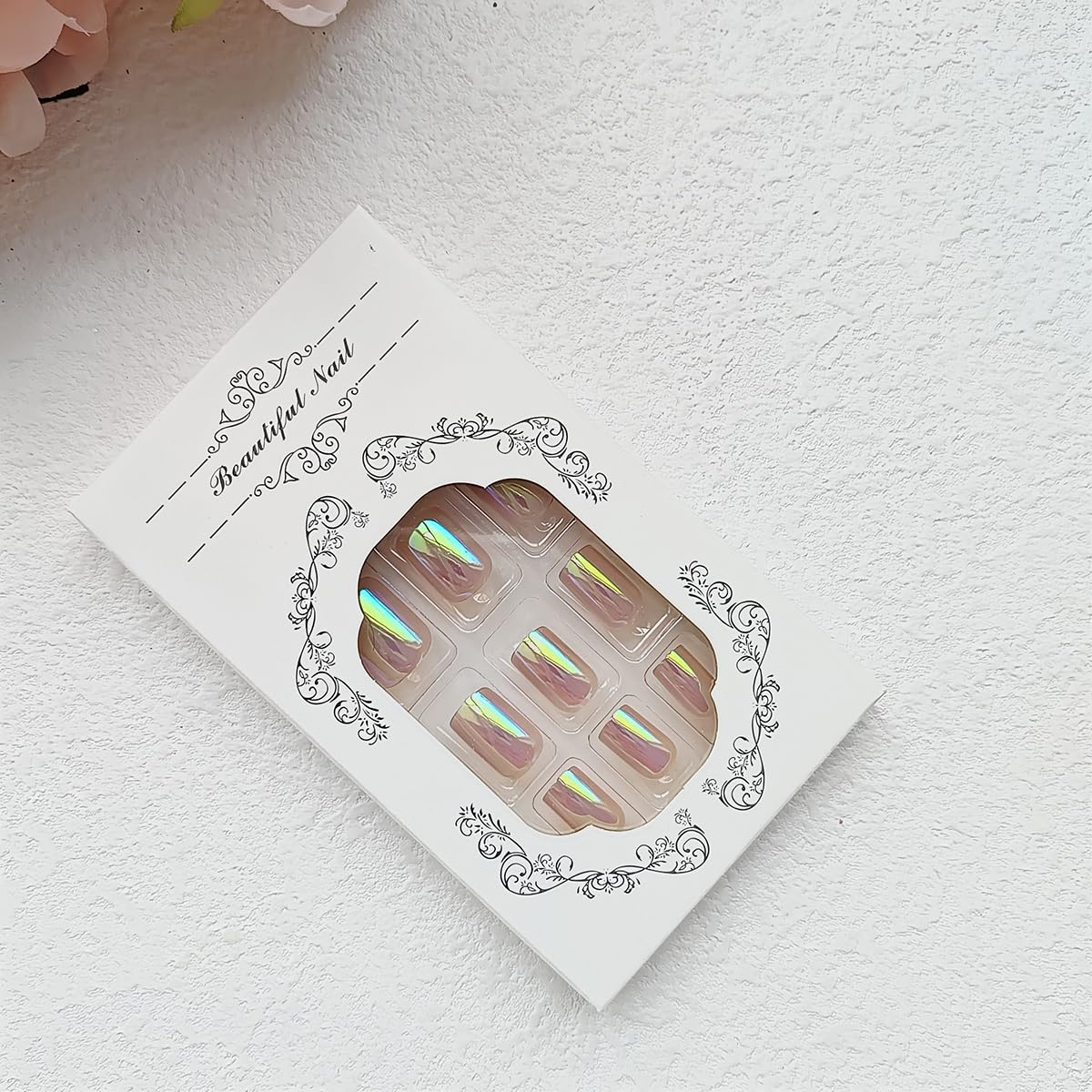 Rilafuvu Uñas postizas cortas a presión en polvo de perla, uñas postizas blancas, uñas acrílicas brillantes, uñas francesas de pegar, uñas postizas