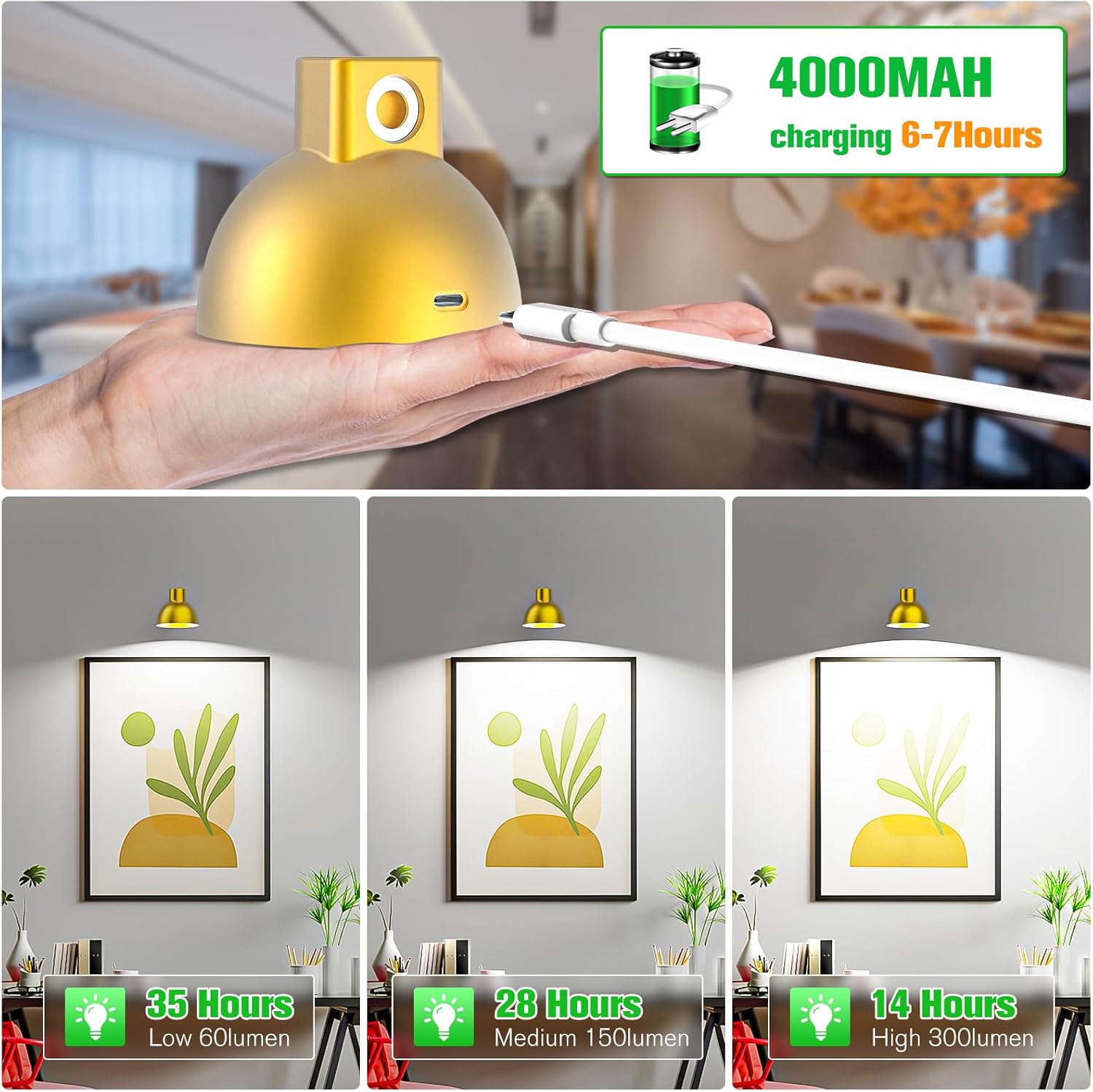 Luz de imagen funciona con pilas, luz dorada con control remoto y brillo ajustable temperatura de color para resaltar pinturas, fotografías u otros