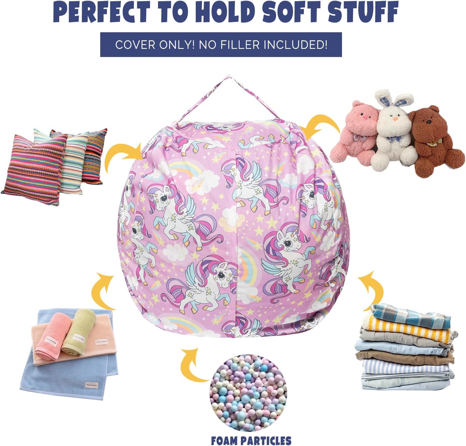 Funda para puf de almacenamiento de animales de peluche, para niños, mantas, toallas, puf (solo funda), sofá de lona con cremallera YKK, tamaño
