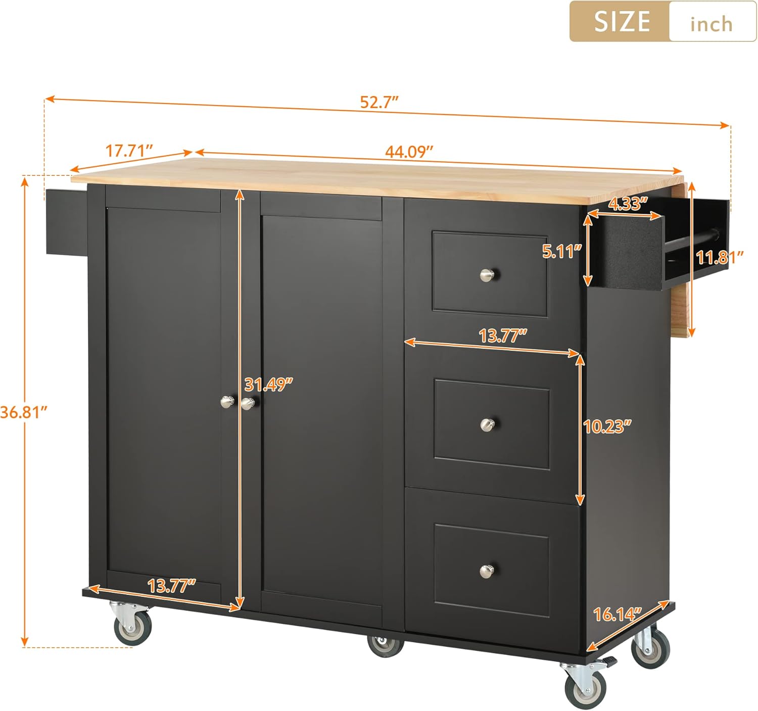 Tomkate Isla de cocina móvil rodante de 52.7 pulgadas con hoja caída, carrito de isla de cocina con ruedas con 3 cajones y armario de