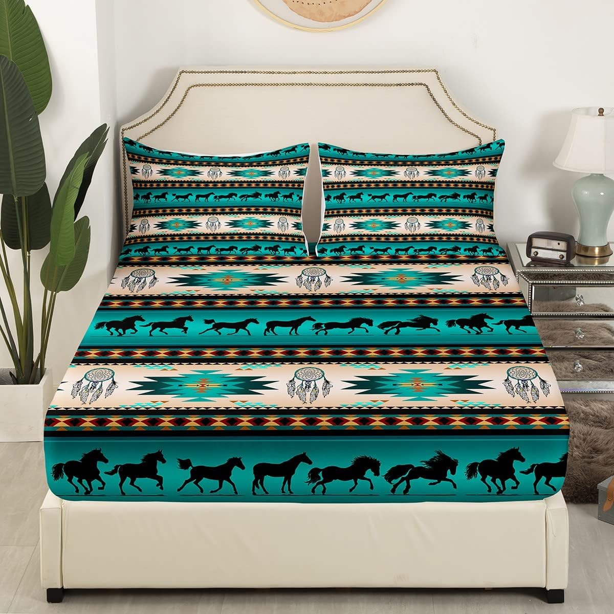 Juego de sábanas para cama de caballos, atrapasueños para niños, adolescentes, hombres, hombres, sábana bajera con estampado de caballos tribales