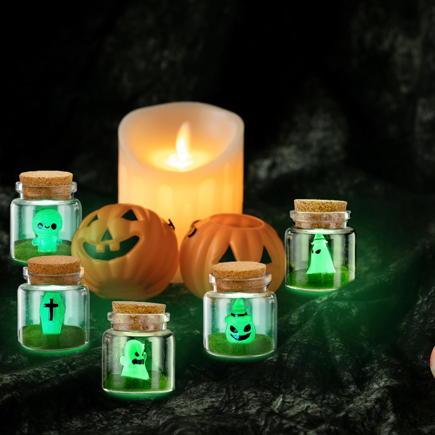 Poen 10 juegos de fantasmas de Halloween en un tarro de masón que brilla en la oscuridad, pequeño fantasma con botella miniatura de corcho con momia
