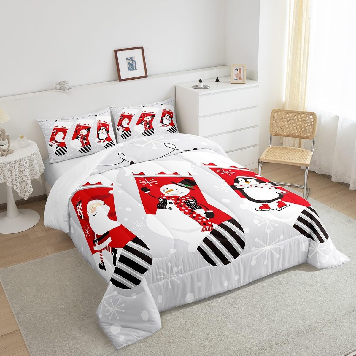Erosebridal Juego de edredón de calcetines de Navidad para niños, juego de edredón de Papá Noel, ropa de cama de Navidad, muñeco de nieve, pingüino,
