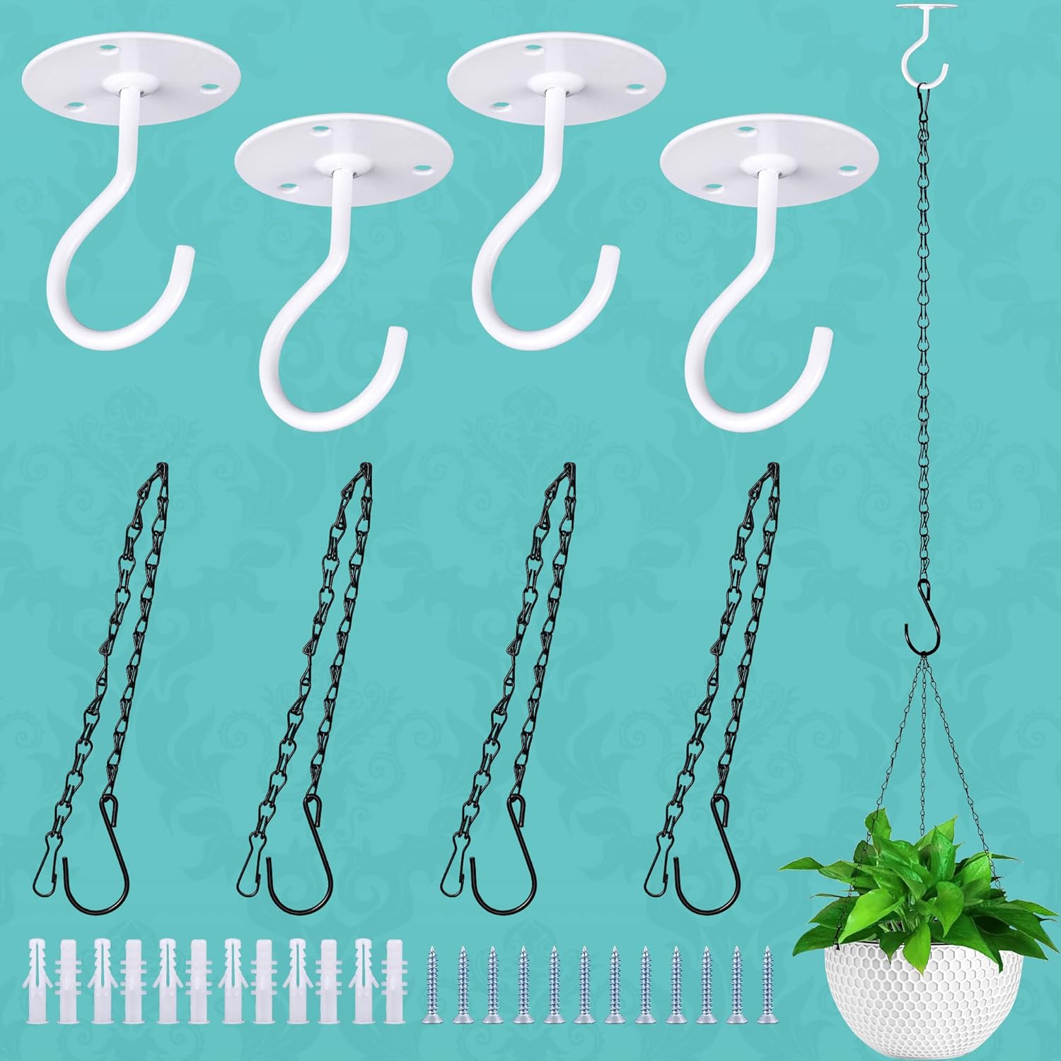 XDW-GIFTS Paquete de 4 ganchos de techo con cadenas colgantes para colgar comederos de pájaros, plantas, linternas, campanillas de viento,