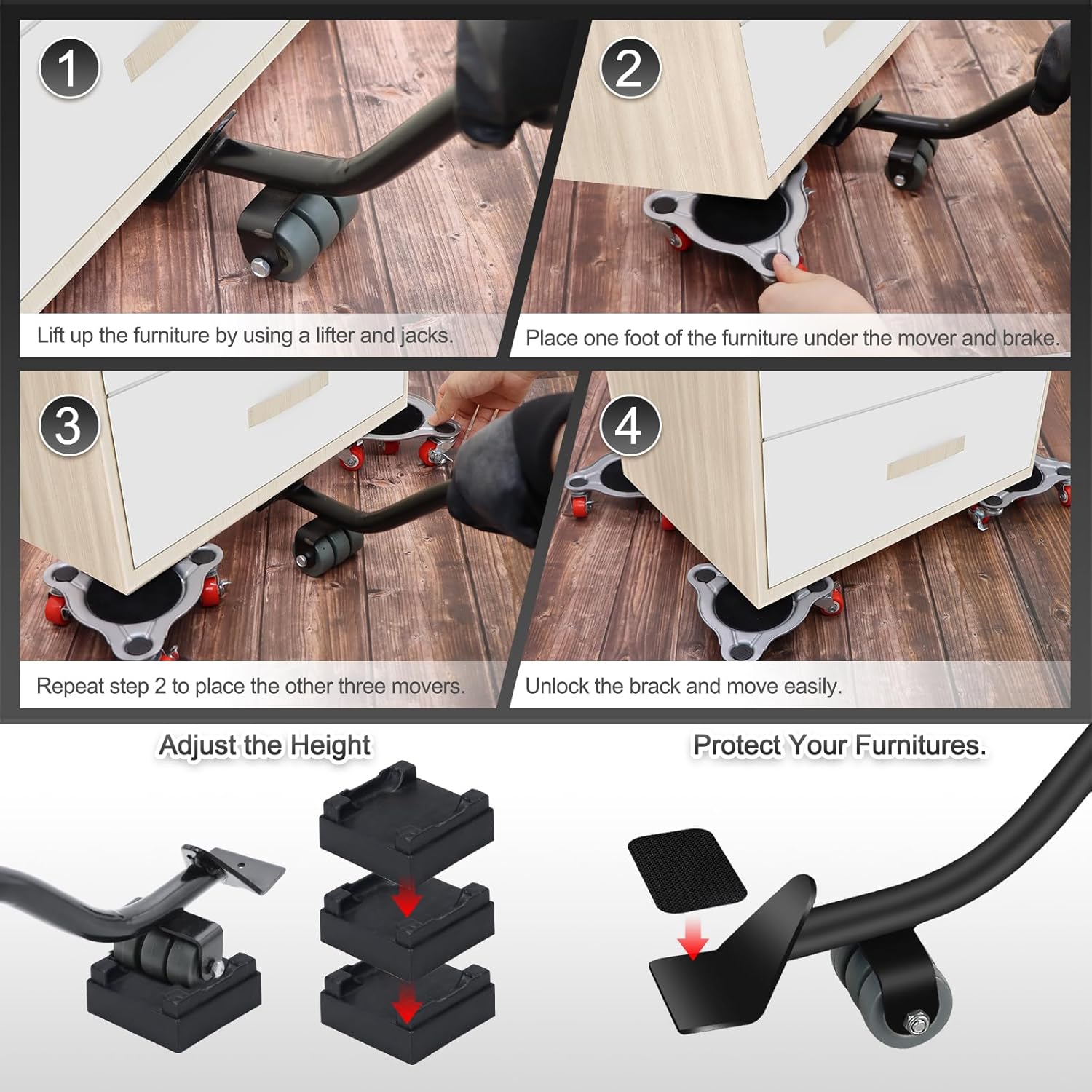 4 unidades de mudanzas de muebles grandes mejoradas, 4 ruedas rojas, panel de acero al carbono de 7 x 7 pulgadas, soporte resistente, rotación de