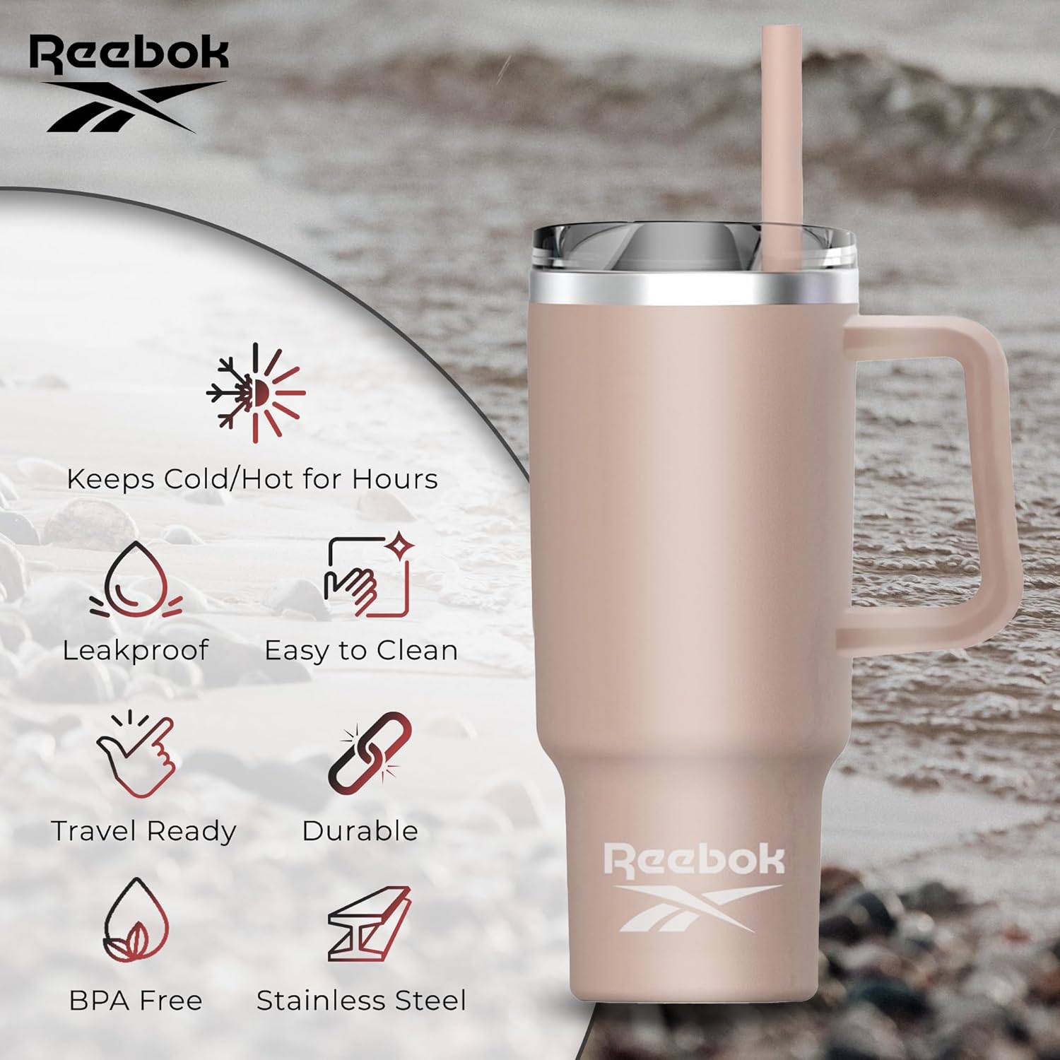 Reebok Vaso de acero inoxidable con diseño de estilo de vida, vaso de 40 onzas con asa, vaso de doble pared aislado al vacío, vaso a prueba de fugas