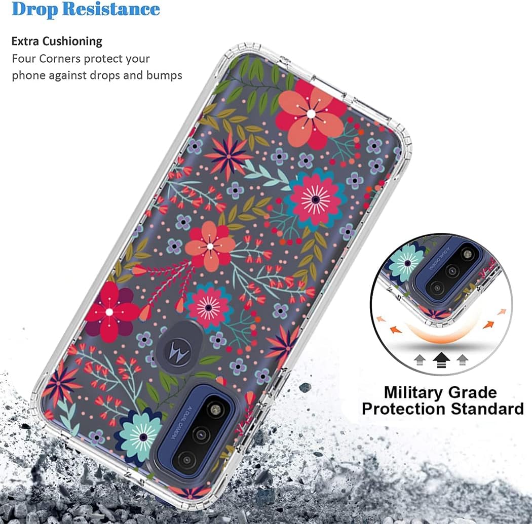 Funda para Moto G PureMotorola G Pure 2021 con protector de pantalla de vidrio templado, funda protectora de TPU transparente floral a prueba de