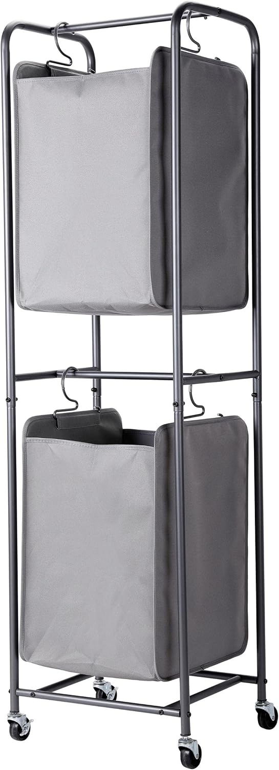 BIRDROCK HOME Clasificador vertical de 2 niveles para ropa sucia – Gris – Carrito con secciones de cesta dobles – Cuatro ruedas – Bolsas de ropa