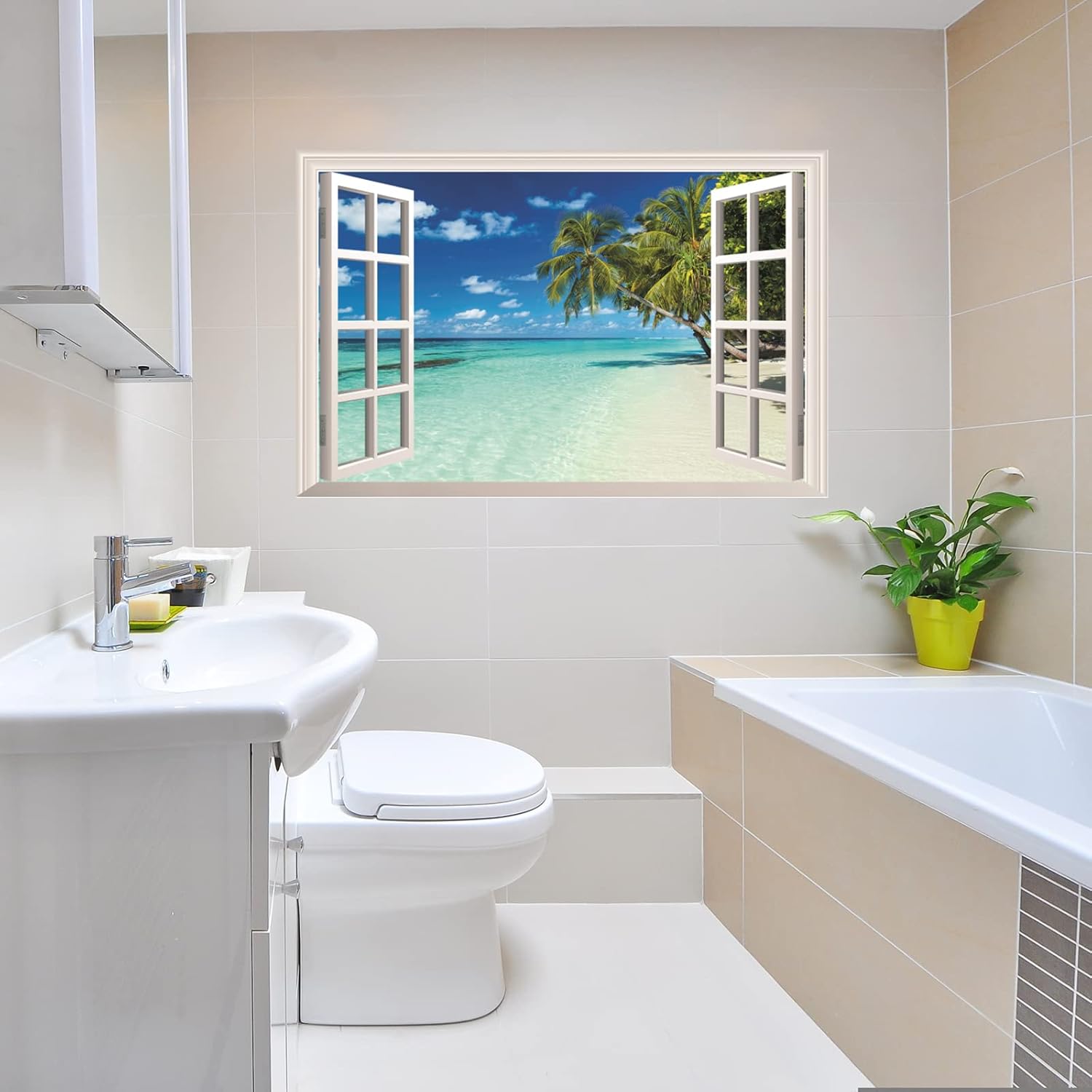 HOTIYOK Pegatinas de pared de ventanas falsas de paisaje marino azul, palmeras verdes, mural de pared para ventana falsa de paisaje tropical del