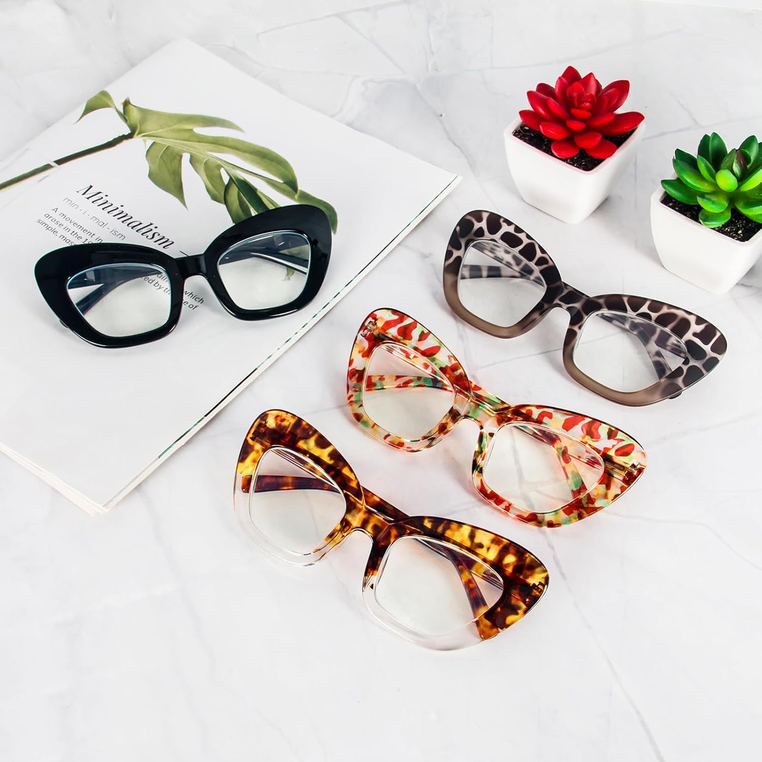 MMOWW Oversized Square Reading Glasses Fashion Cute Blue Light Blocking Computer Readers for Women 3 Pack