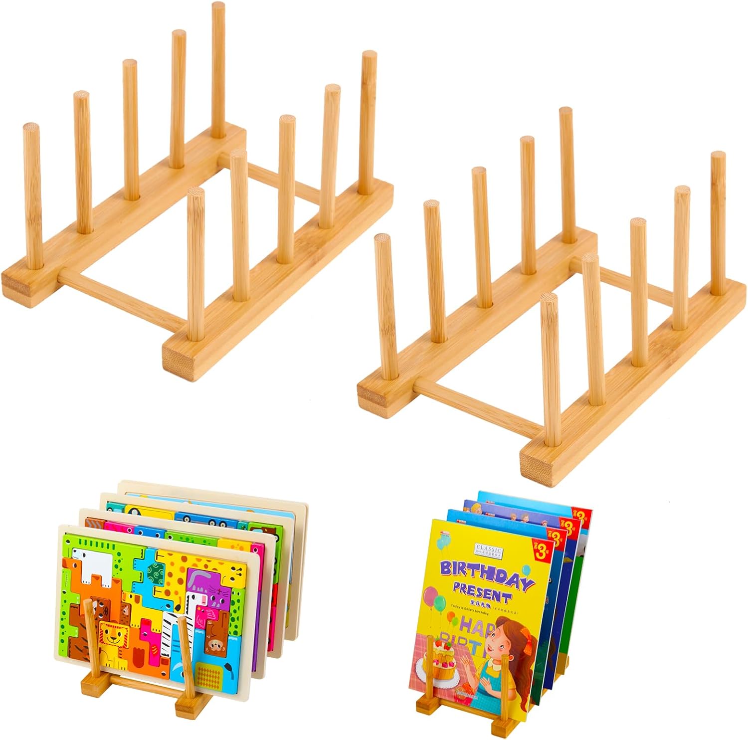 Estante de almacenamiento de rompecabezas de 2 piezas, estante de madera para almacenamiento de libros, soporte de exhibición de rompecabezas para