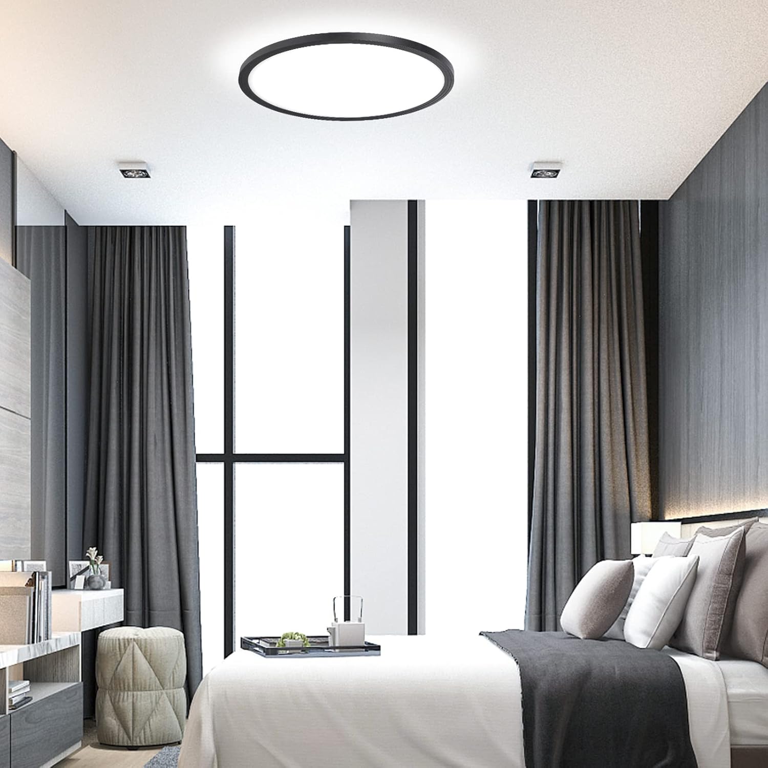Paquete de 6 lámparas de techo LED de 3200 lm, luz de techo LED de montaje empotrado delgada y redonda blanca de 28 W, color negro, 6000 K, montaje