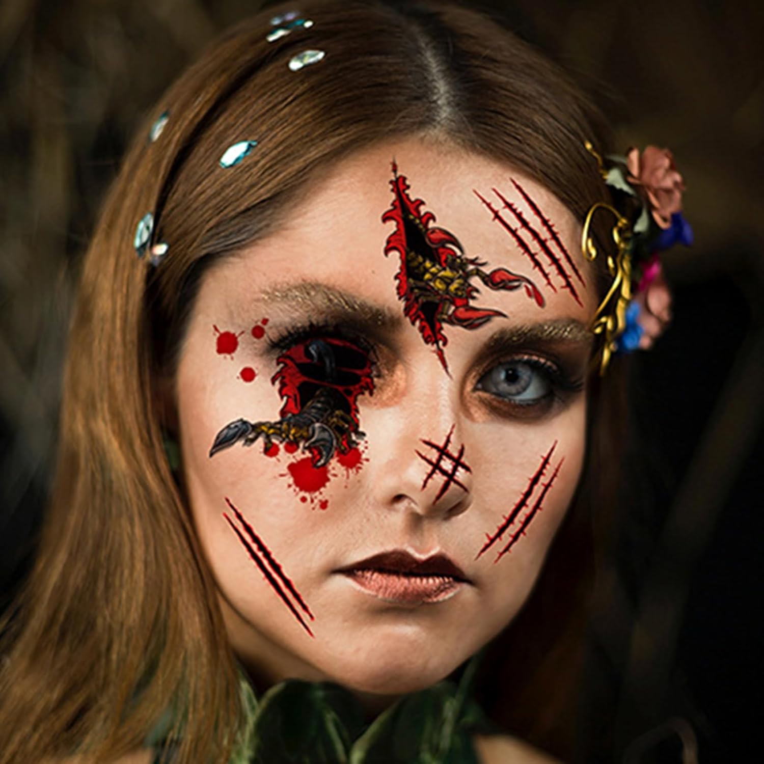 8 piezas de tatuajes faciales de Halloween, de terror, realista, falsa herida sangrienta, cicatriz, impermeable, temporal, tatuaje, calcomanías de