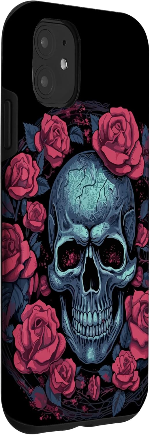 Funda para iPhone 11 Skull And Roses Red Floral Dark Goth Horror Skull Case